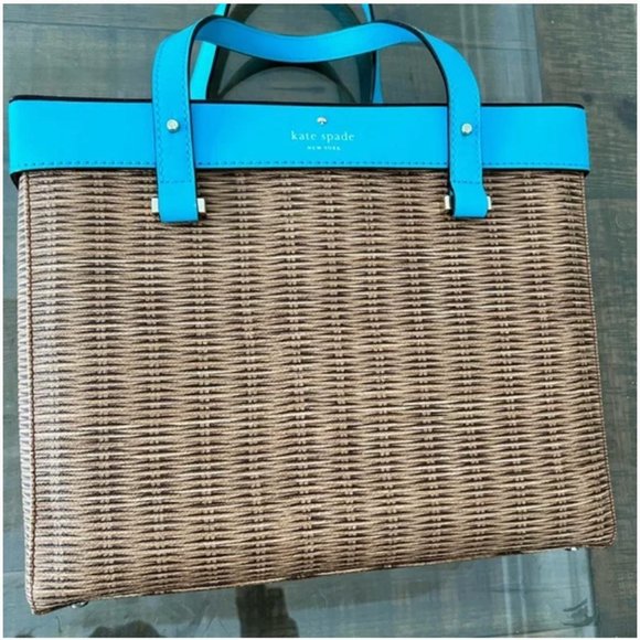 Kate Spade Pack a Picnic Wine Tote bag purse basket blue faux wicker nwot - Picture 4 of 8